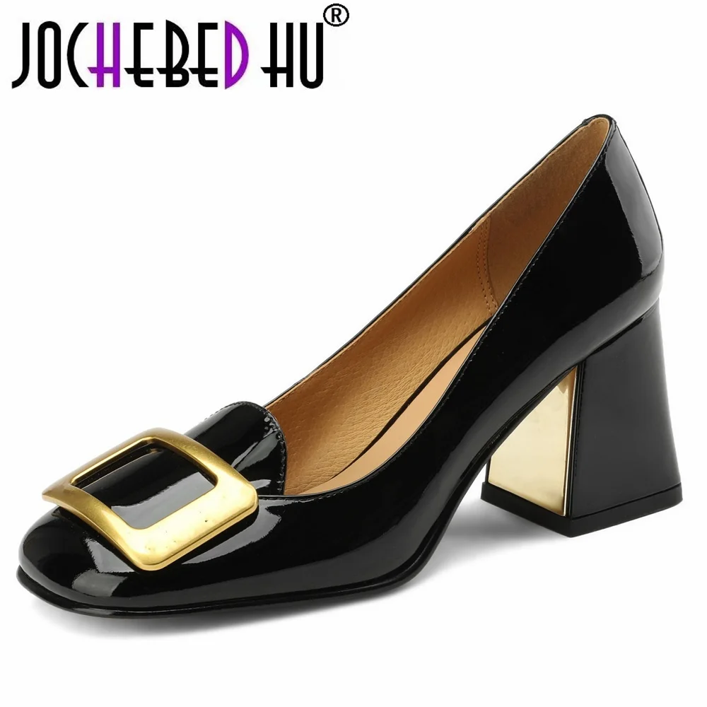 【JOCHEBED HU】Classic Chunky Heels Shoes Woman Genuine Leather Square Toe Slip-on Ladies Elegant Pumps High Heels Party Dress