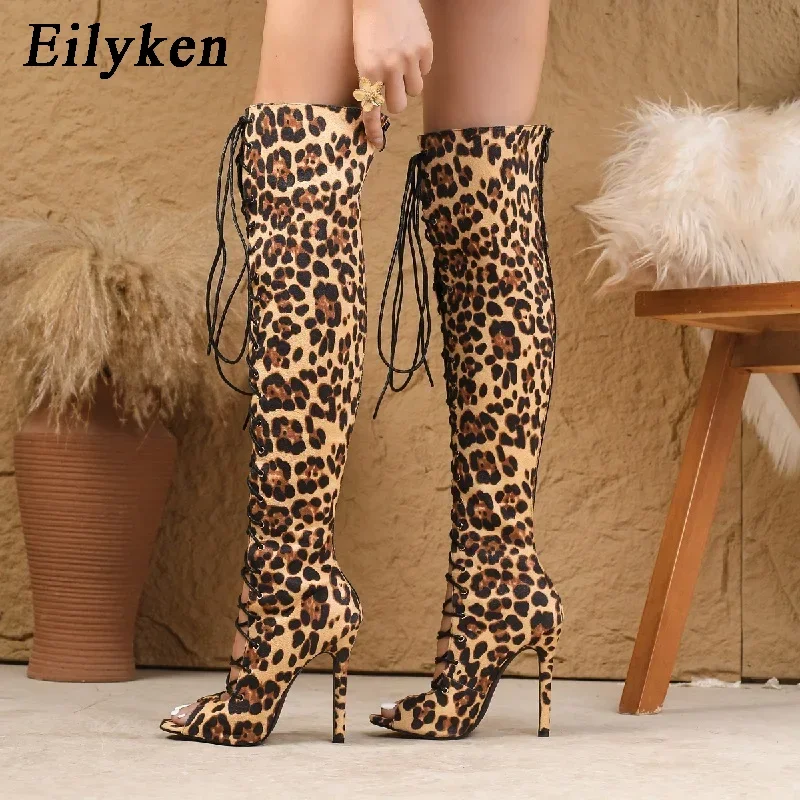Eilyken Women Over-the-Knee Boots Sexy Thin High Heels Peep Toe Sandals Designer Leopard Print Lace-up Zip Long Booties Shoes