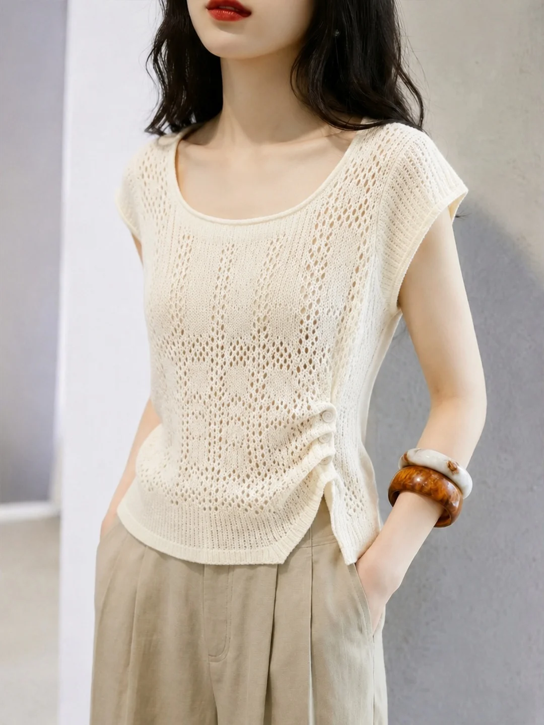 

Ice Silk Knitted Short Sleeve Sweater Pure Color Hollow out Design Summer Versatile Fashionable Overhead Style Women's Top