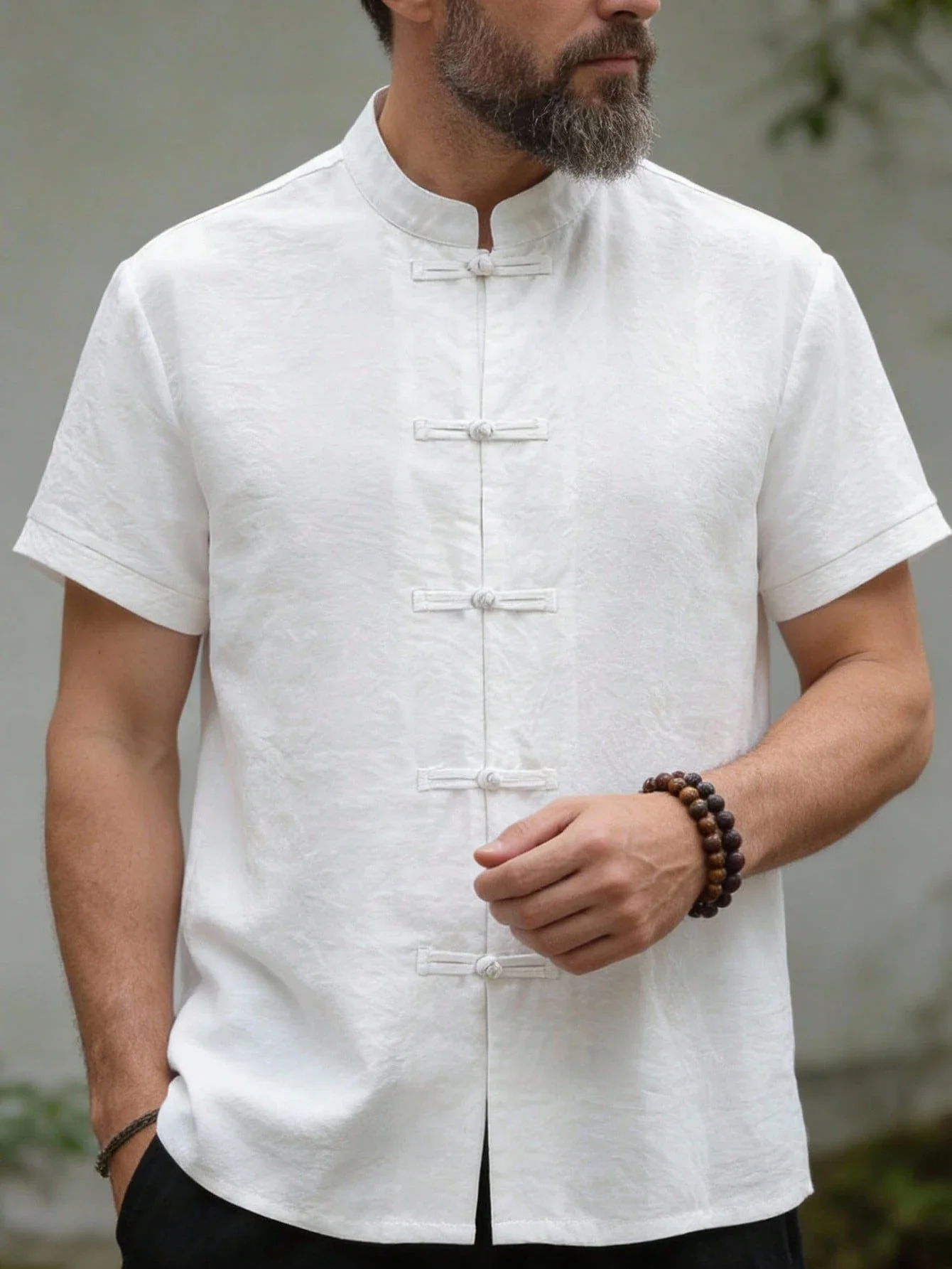 Men's White Stand Collar Short Sleeve Shirt Chinese Style Casual Business Top