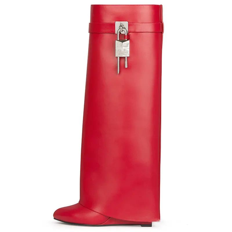 Botas hasta la rodilla de cabeza redonda pequeña para mujer, hebilla de bloqueo de metal, decoración, tacón de cuña plateado, nuevo