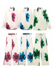 HH Women Elegant Floral Print Blouse Pant Suit Casual Long Sleeve Shirt Wide Leg Pants Female Fashion Y2k High Street Outfit