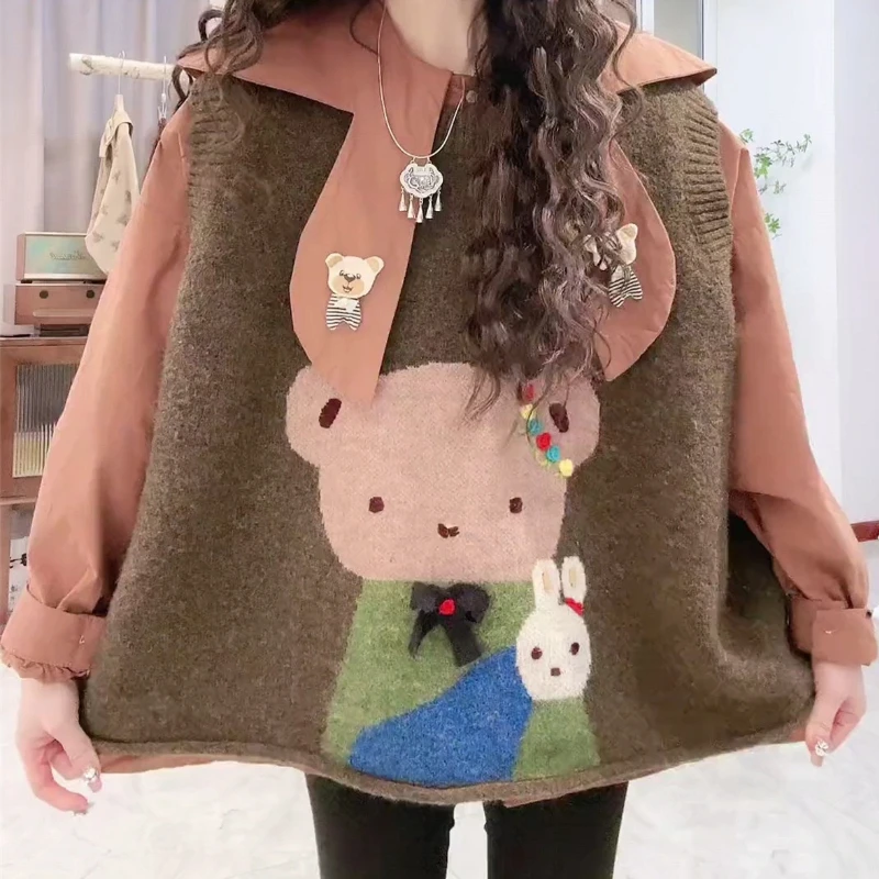 Korean Sweet Vintage Sweater Vest Women Loose Cartoon O-Neck Sleeveless Knitted Tops Spring Autumn Girls Cute Vest Outwear 2024