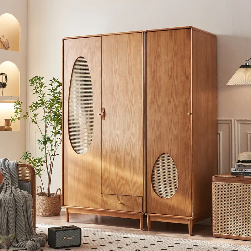 

HYS New Chinese Rattan Solid Wood Wardrobe Combination Large Capacity Partition Three Door Wardrobe Multifunctional Bedroom