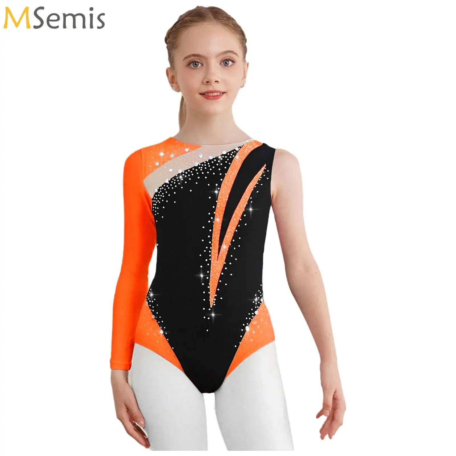 

Kids Girls Gymnastics Jersey Figure Skating Ballet Dance Performance Costume Shiny Rhinestones Color Block Asymmetrical Leotard