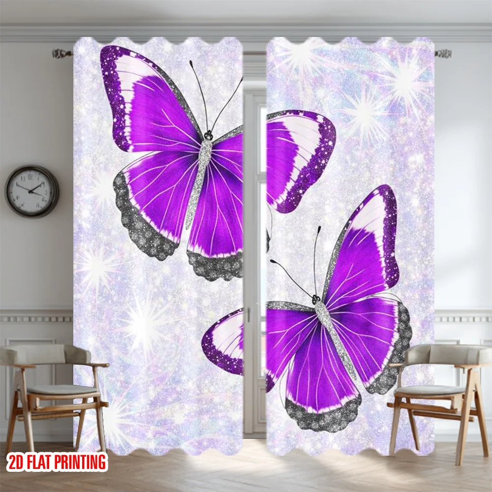2D flat printing 2pcs Curtain Window Treatment Curtains Purple Butterflies with Sparkles Digital Printed Polyester Drapes