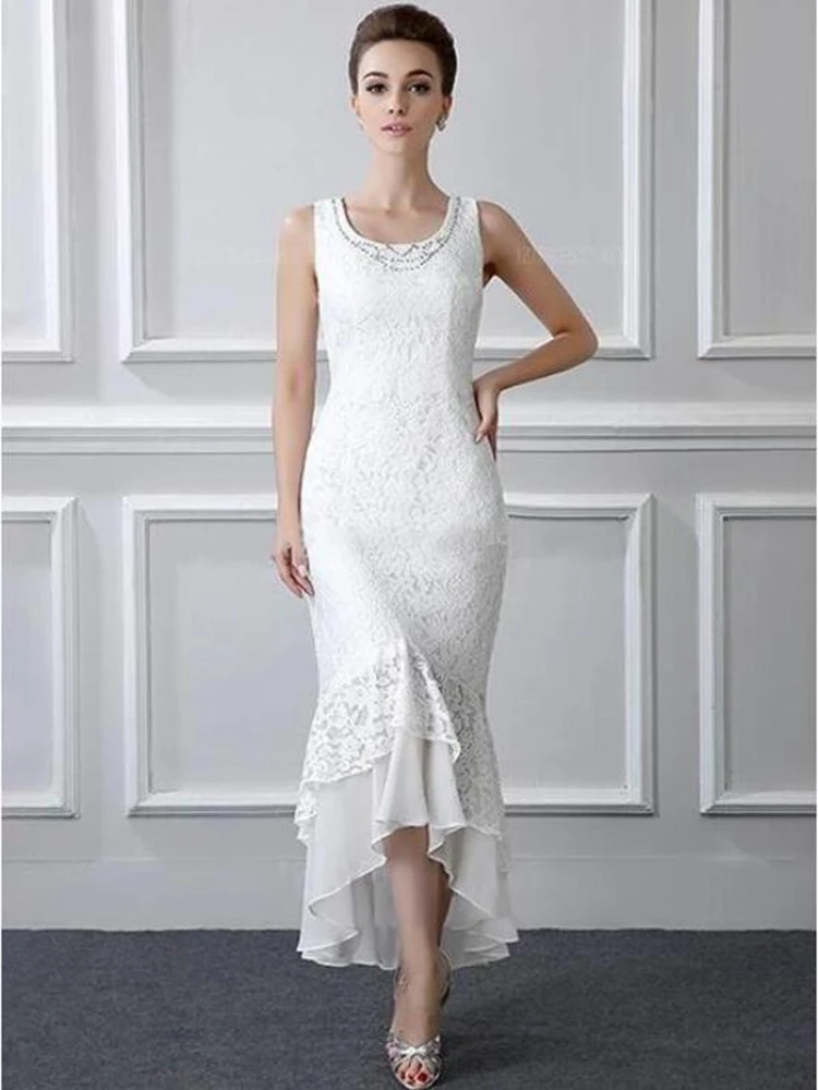 2020 New Amazing High Low White Lace Mother of the Bride Dresses With Shawl Jewel Neck Mother of Groom Gowns Sleeveless