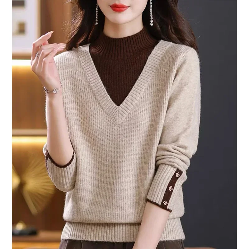 Women Loose Casual Turtleneck Sweaters Knitted Spliced Fashion Solid Winter Thick Sweatrer Female Top Elasticity Soft Knitwear