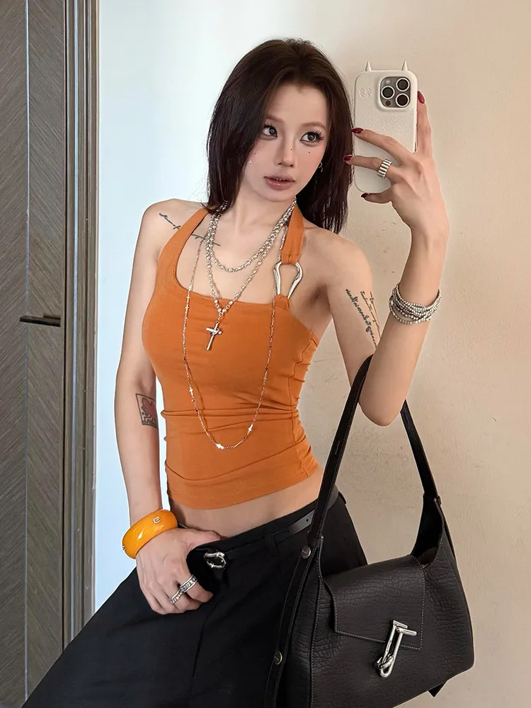 Women Orange Halter Camisole Top Vacation Style Vest Y2K Gyaru Crop Top Sleeveless Off Shoulder Corset Top For Women Summer 2025 view 2