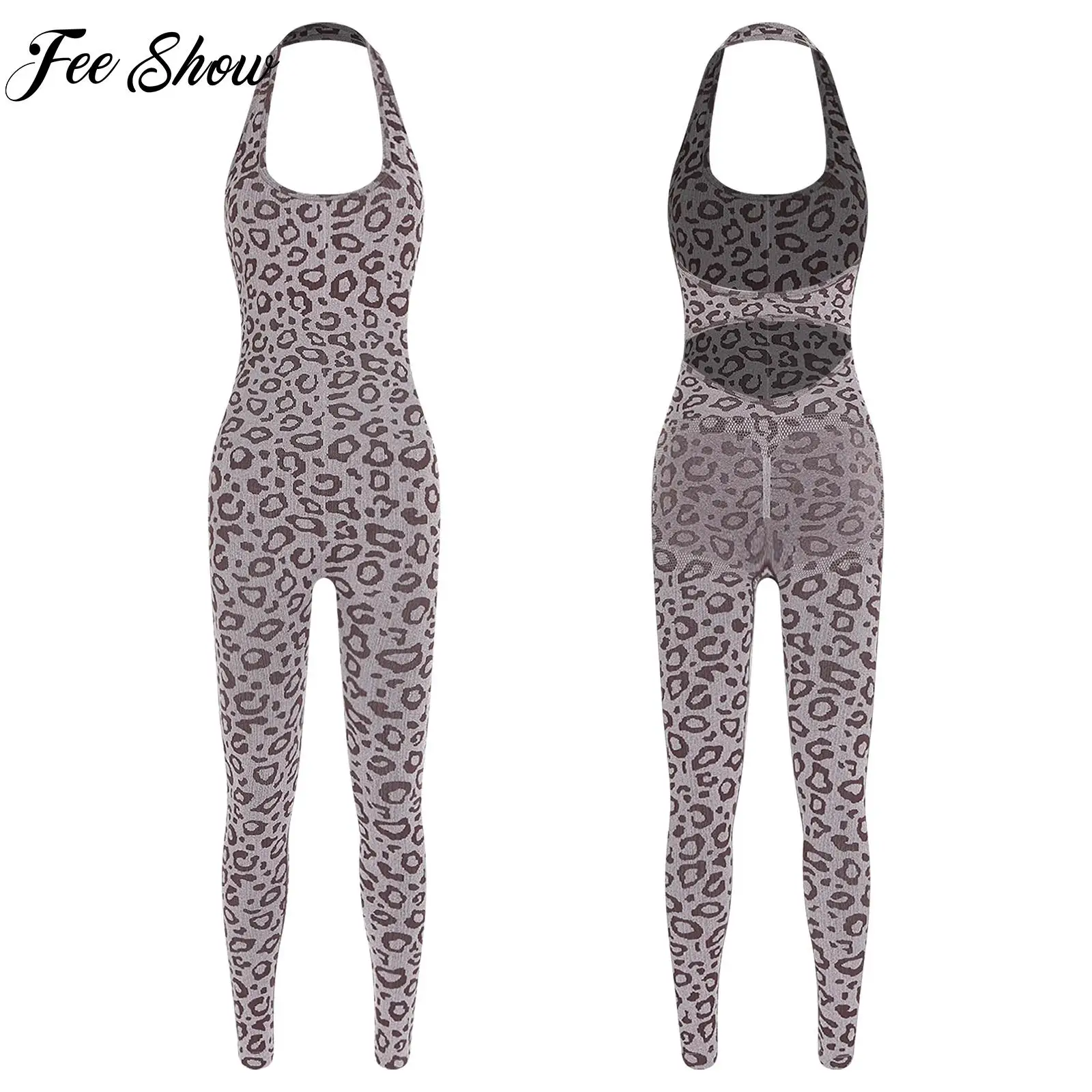 Brown Womens Yoga Leopard Print Ribbed Jumpsuit Halter Sleeveless Tight-Fitting Bodysuit Sportswear for Gym Fitness Pilates