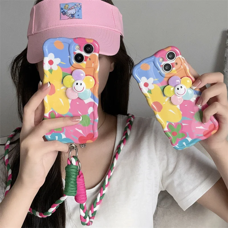 Color Crossbody Shoulder Strap Phone Case For iPhone 14 11 12 13 Pro Max 14pro Cover Korean Cute Flower Silicone Cases For Women