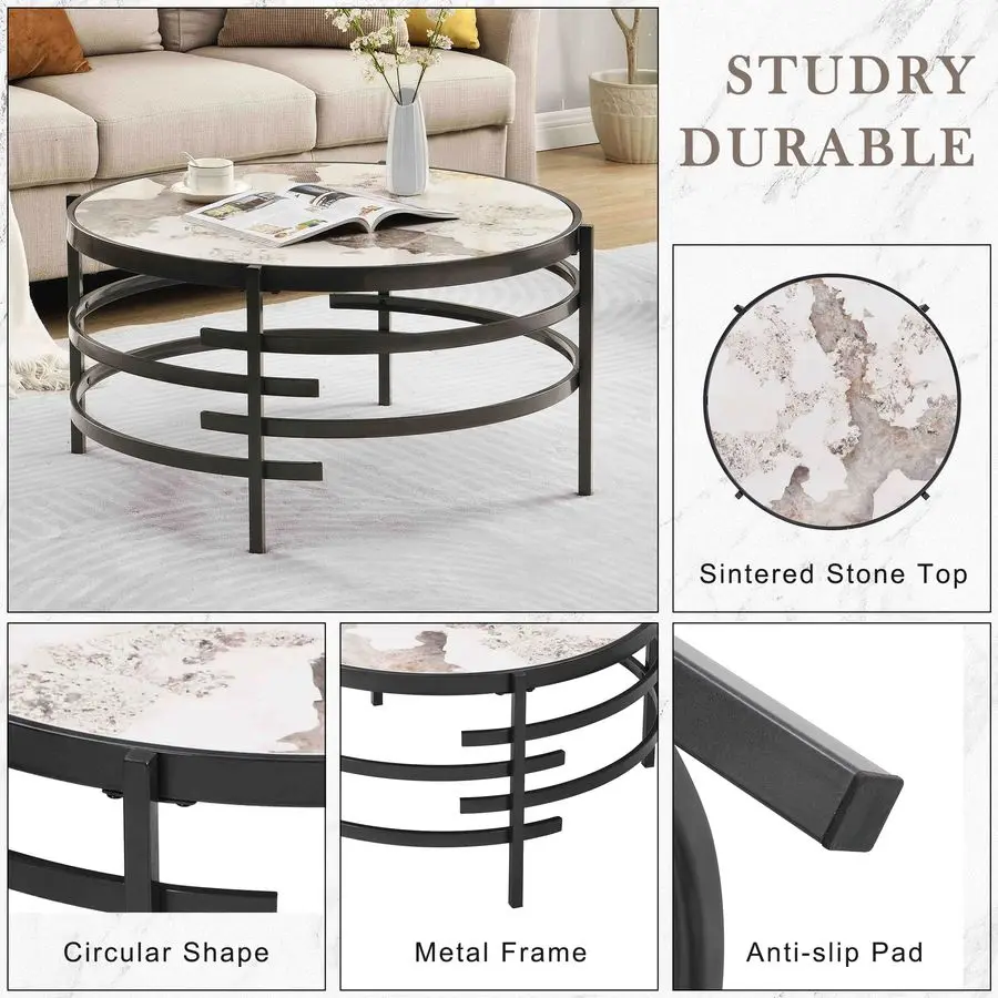 Coffee Table Sintered Stone LifeSky 32 inch Circle Center Coffee Table with Metal Frame Modern Circular Coffee Tables for Living