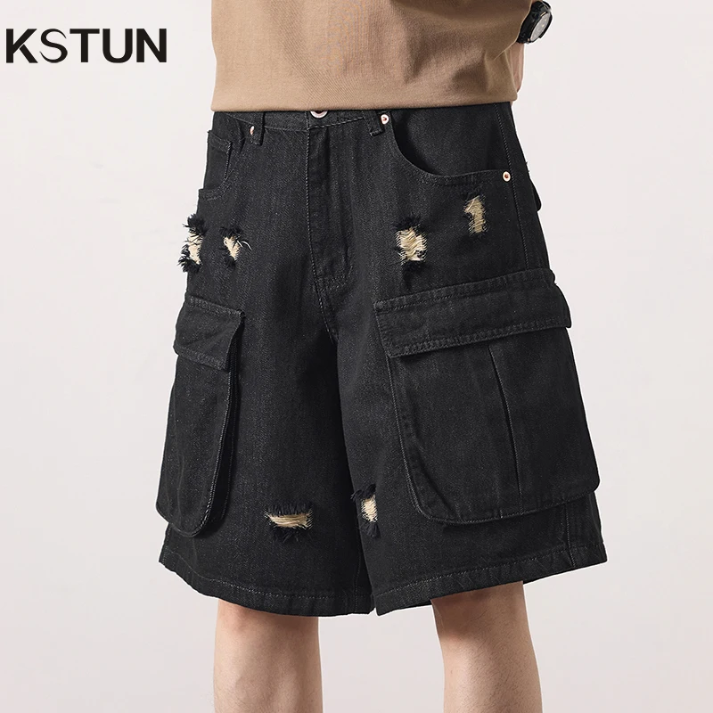 

KSTUN 2025 Summer New Hip Hop Denim Shorts Black Knee Length Pants Multi-Pockets Cargo Jeans Lyocell Wide Leg Loose Men's Shorts