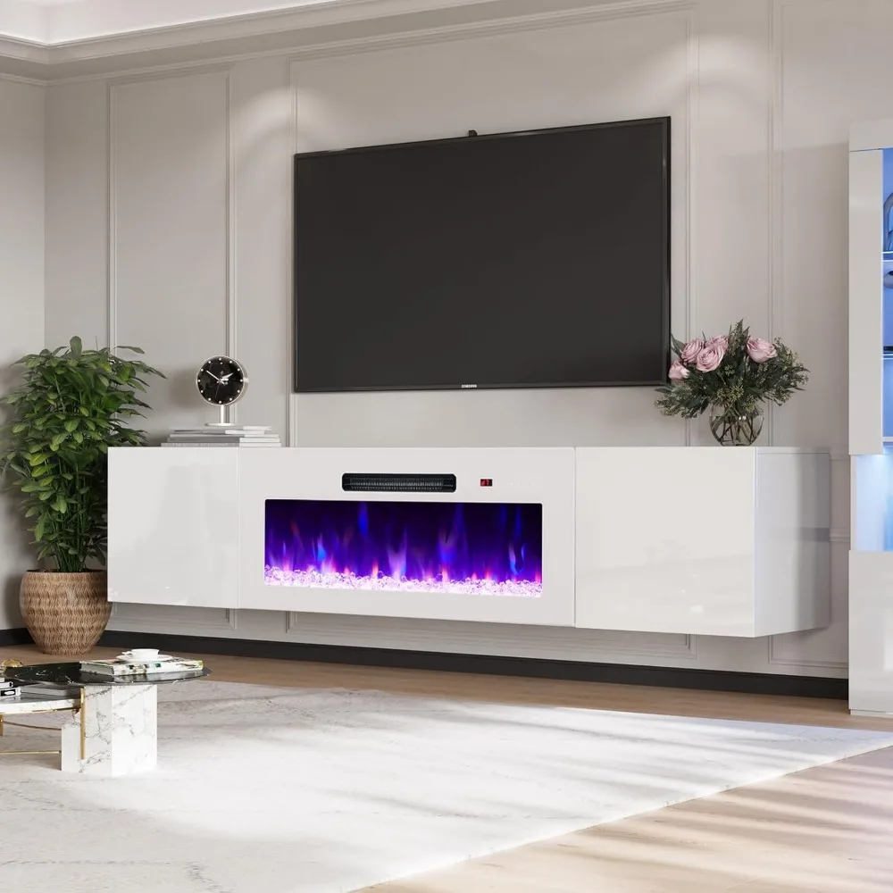 

Floating Fireplace TV Stand, Wall Mounted Mirrored Entertainment Center with 40" Electric Fireplace, Modern LED Lights Media Co