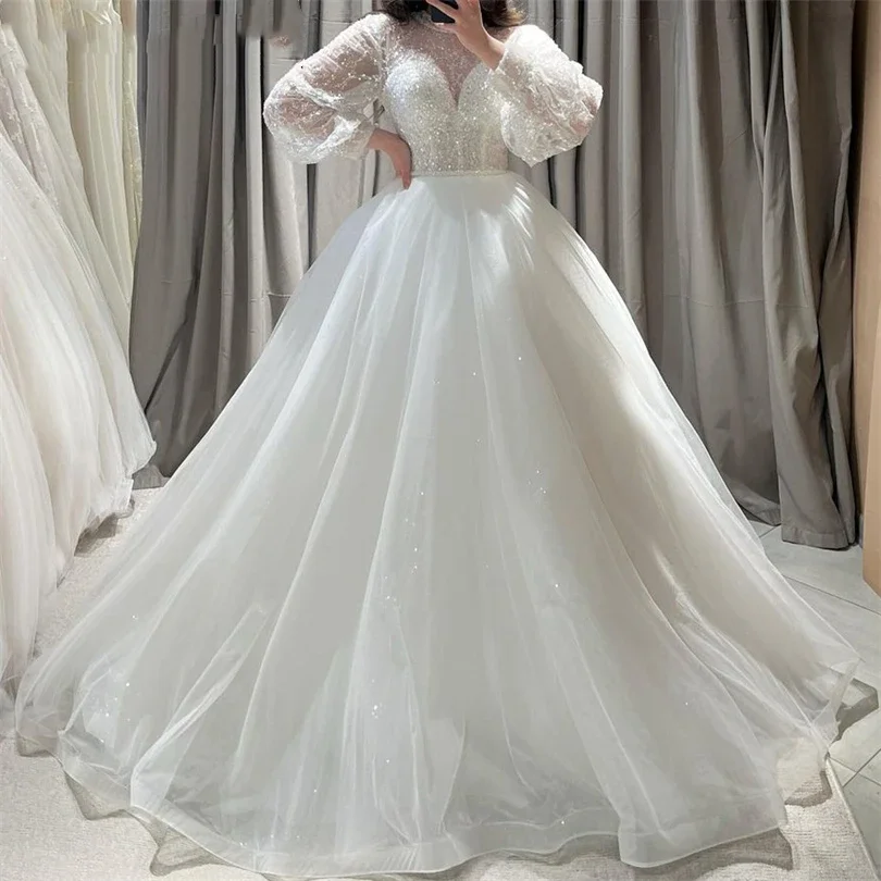 

Flavinke Tulle Princess Wedding Dresses Glitter Long Puff Sleeves Formal Wedding Gown A Line Draped 2024 Vestidos De Novia