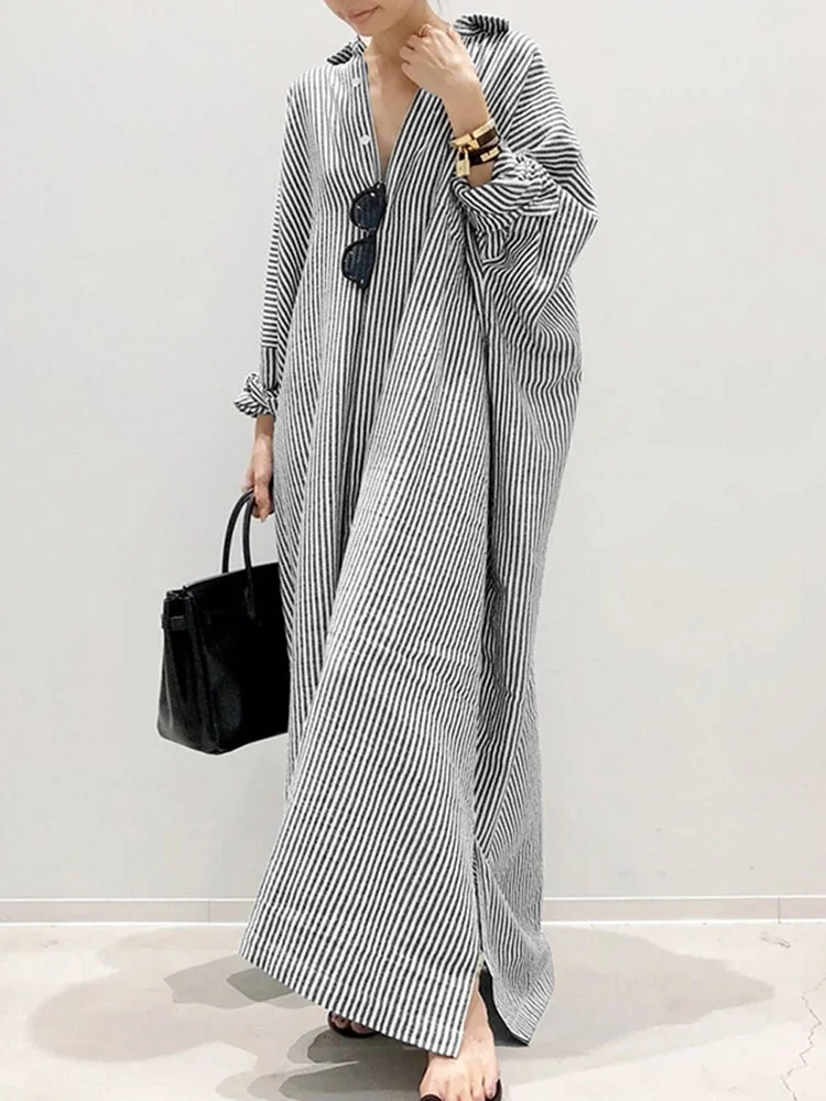 2024 Stripe Printed Beach Party Sundress Autumn Bohemian Women Long Sleeve Lapel Dress Fashion Casual Loose Vestidos