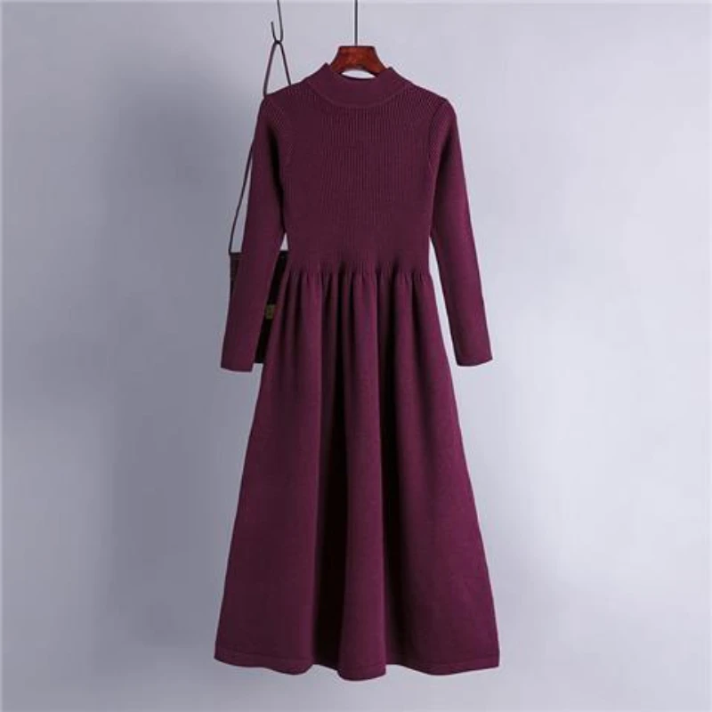 Robe mi-longue en tricot à manches longues pour femme, demi-col roulé, bleu, blanc, élégant, taille haute, fête, mode, automne, hiver