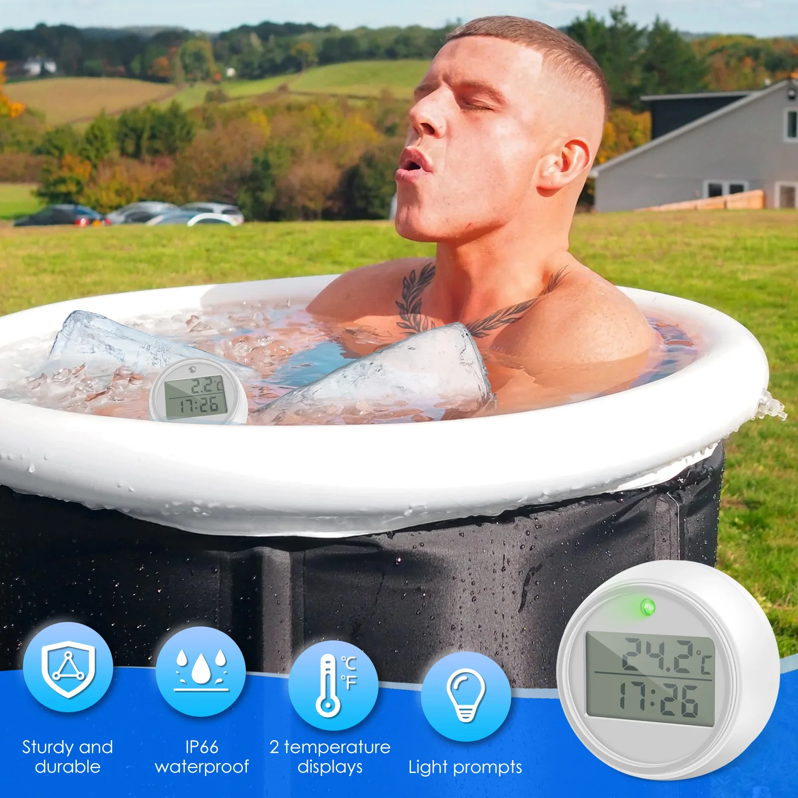 1/2Pcs 2 in 1 Floating Ice Bath Thermometer IP66 Waterproof Digital Cold Plunge Thermometer with Clear Display Flashing Light