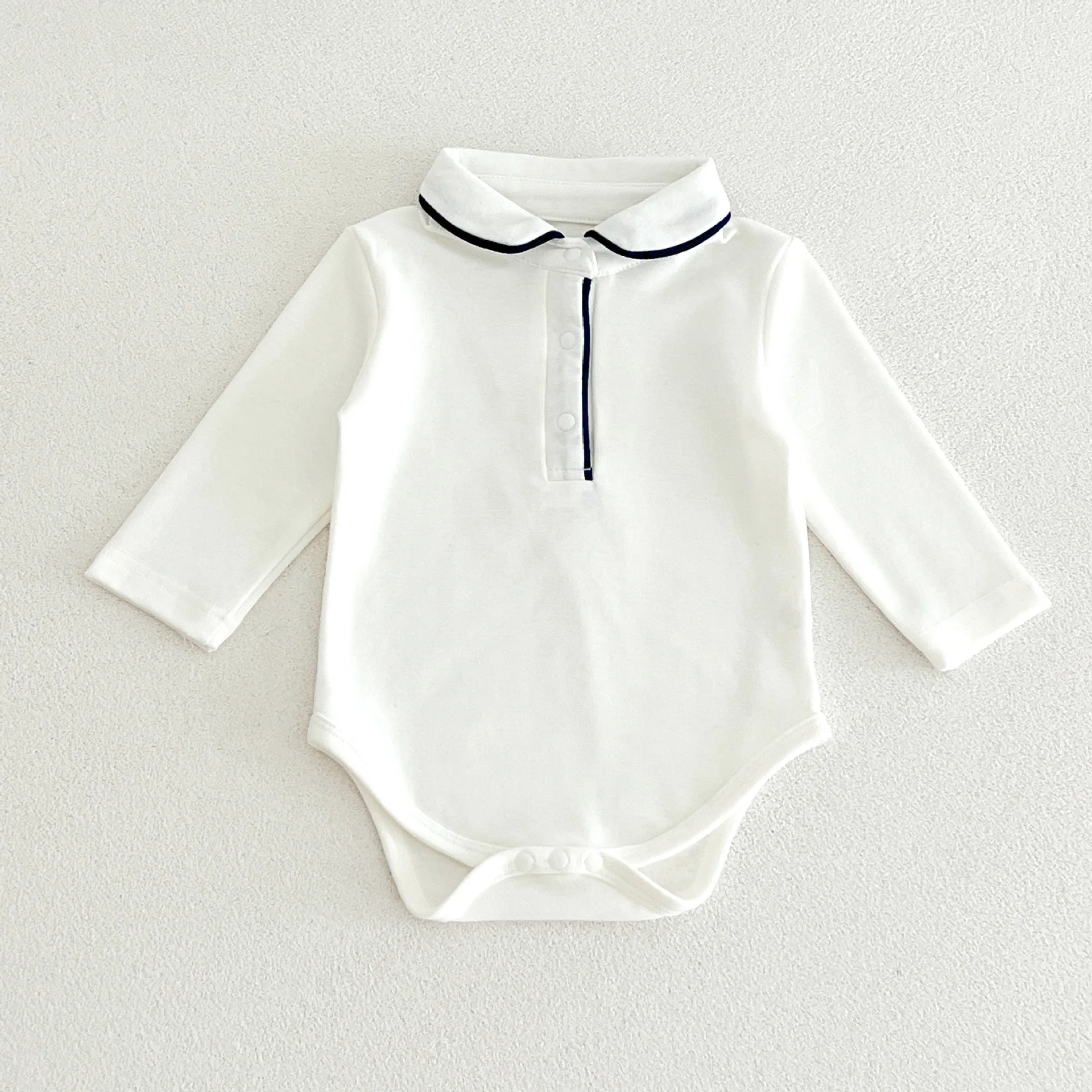 Korean Boys Girls Baby Cotton Tape Turn Down Collar Romper Infant Toddler Spring Autumn Long Sleeve Jumpsuit
