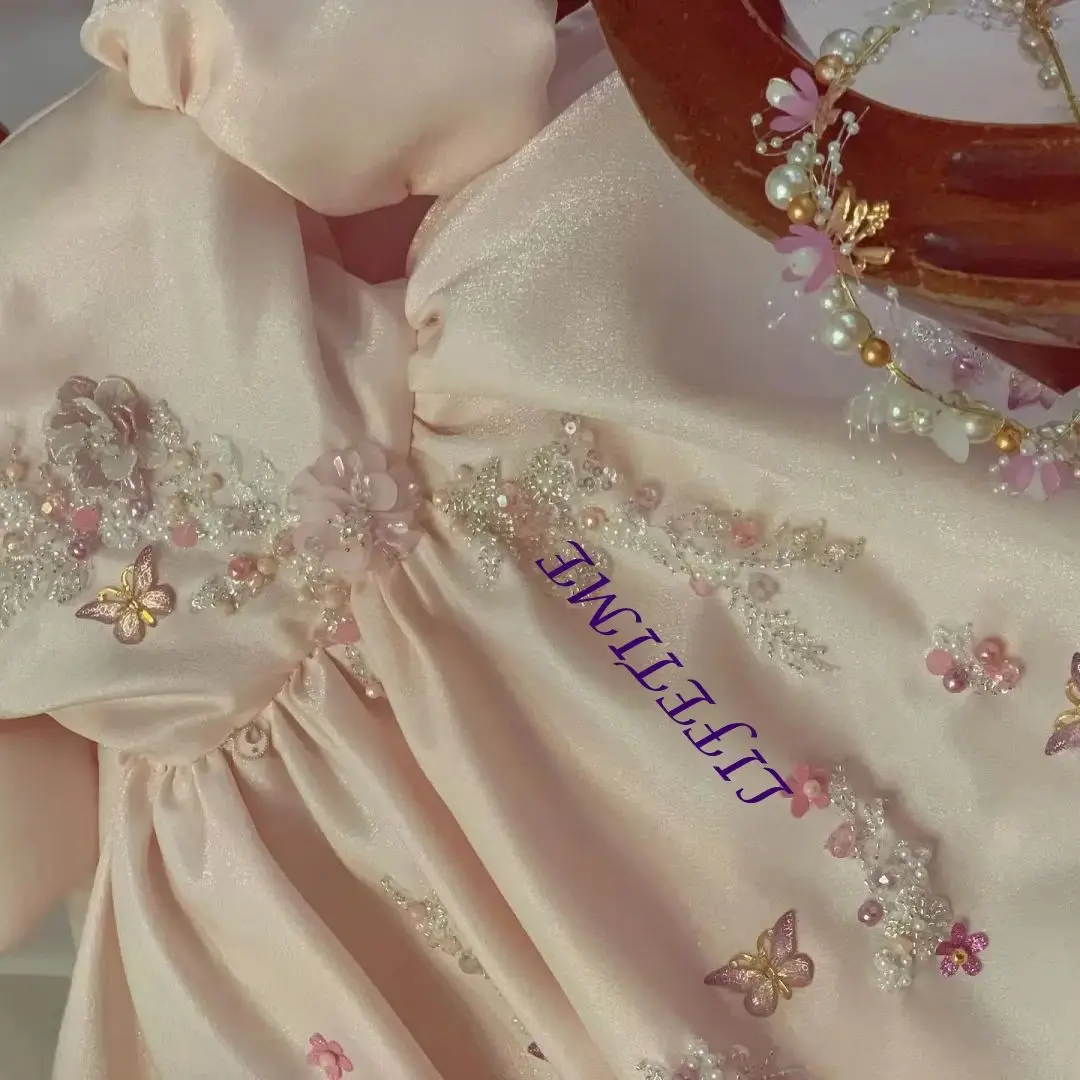 

Индивидуальное розовое платье для девочки с блестящими аппликациями, коротким рукавом, длиной до колена, для детского дня рождения, свадьбы, первого причастия