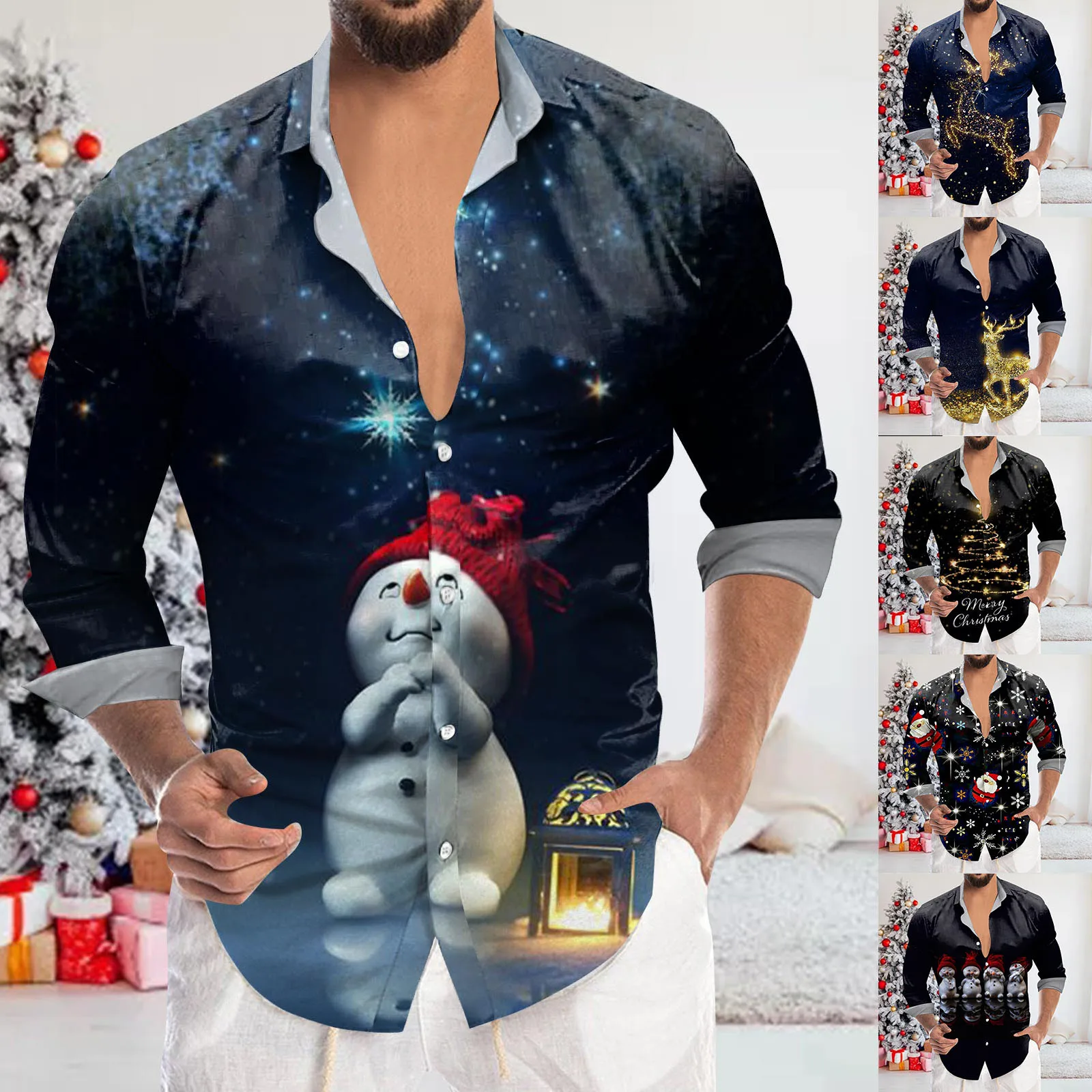 Mens Christmas Santa Gift 3D Digital Printing Lapel long Sleeve Shirt T Shirt Shirt Mens Button down winter Pajama Shirt