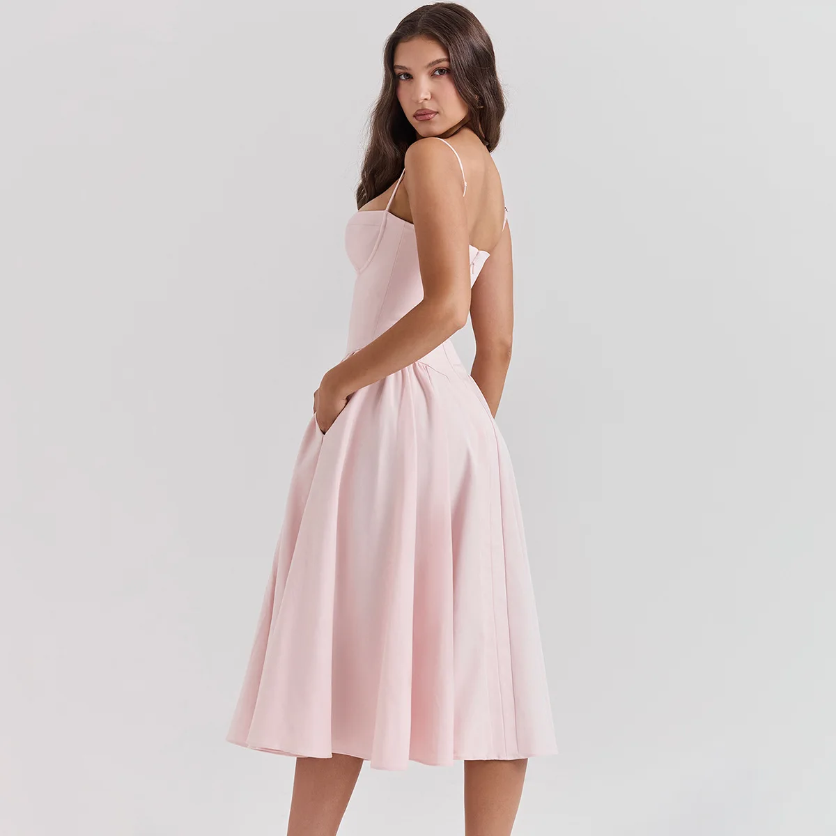 Sommer Frauen elegante ärmellose rücken freie Falten kleider Dame sexy feste Schlinge Midi-Kleid 2024 weibliche Party Abend A-Linie Roben – Detail 34