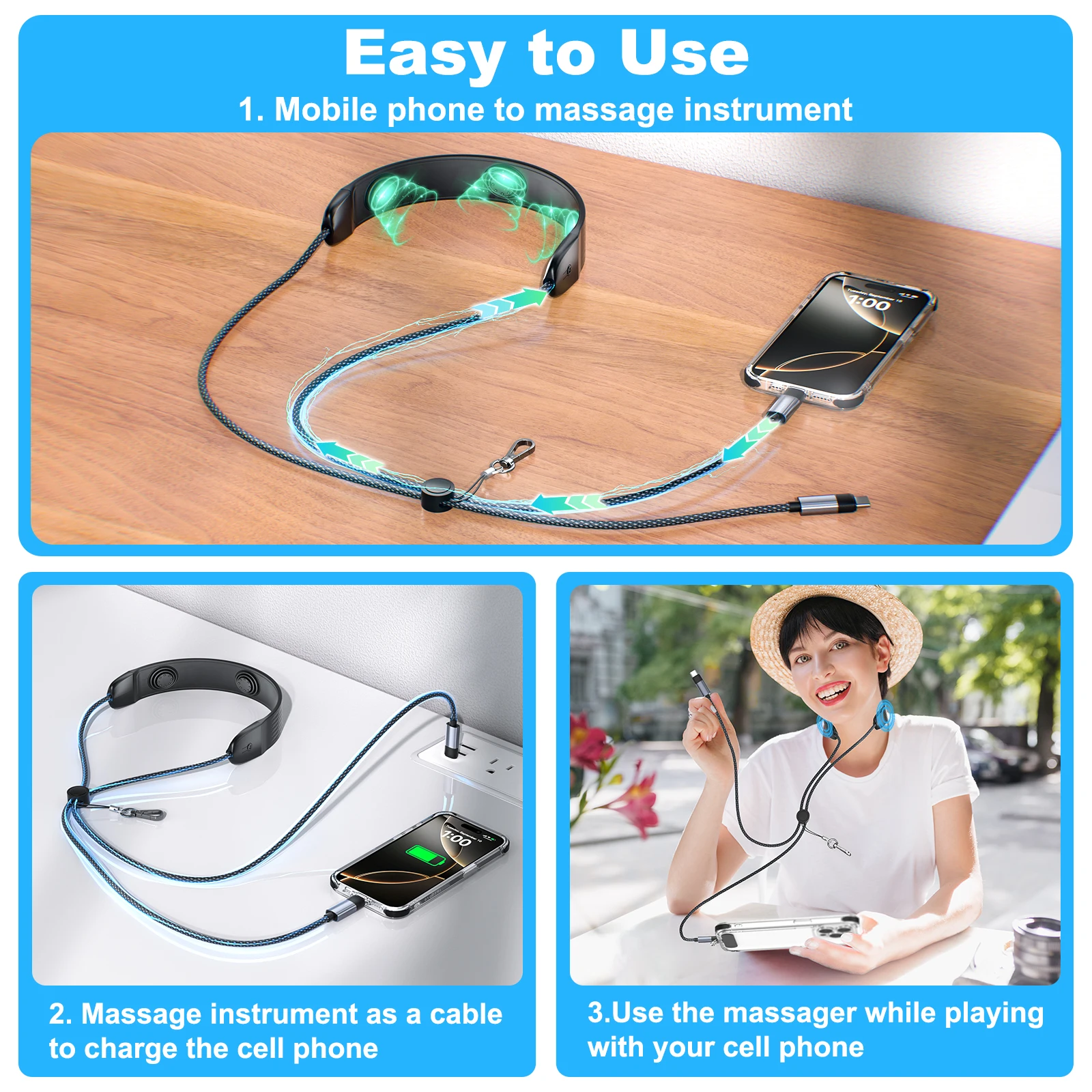 Nackenmassagegerät, 3 Modi, Silikon-Vibration mit 100 W Schnellladung, USB C auf USB C, geflochtenes Nylonkabel für iPhone 15/16 Android/iPad