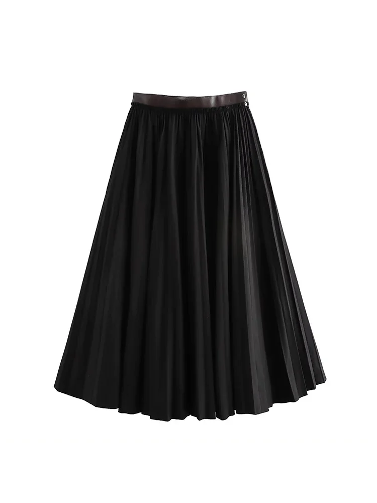 Willshela Women Fashion With Belt Black Pleated Side Zipper Midi Skirt Vintage High Waist A-Line Female Chic Lady Skirts