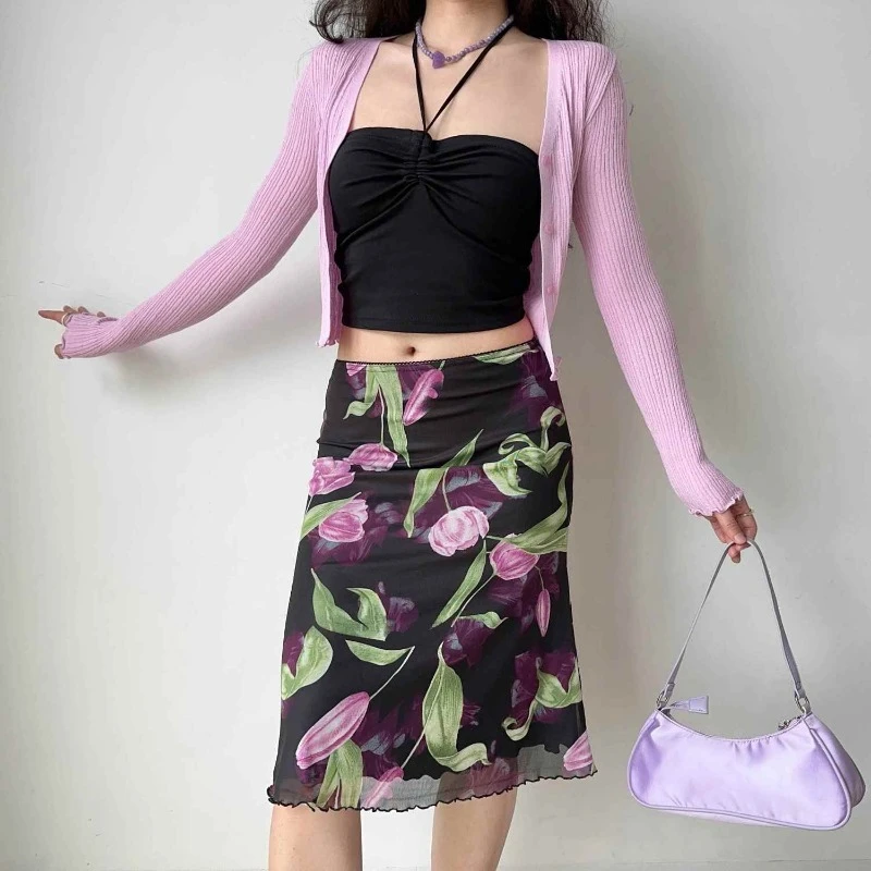 

Женская юбка-миди с цветочным принтом и сетчатыми вставками, фасон «рыбий хвост», летняя, с завышенной талией, А-силуэт, с оборками, 2026