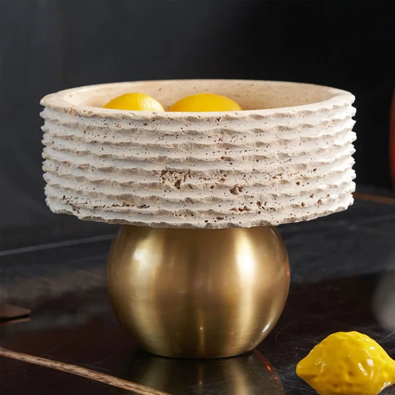 Modern light luxury golden travertine fruit plate hotel exhibition hall, home living room coffee table desktop soft decoration