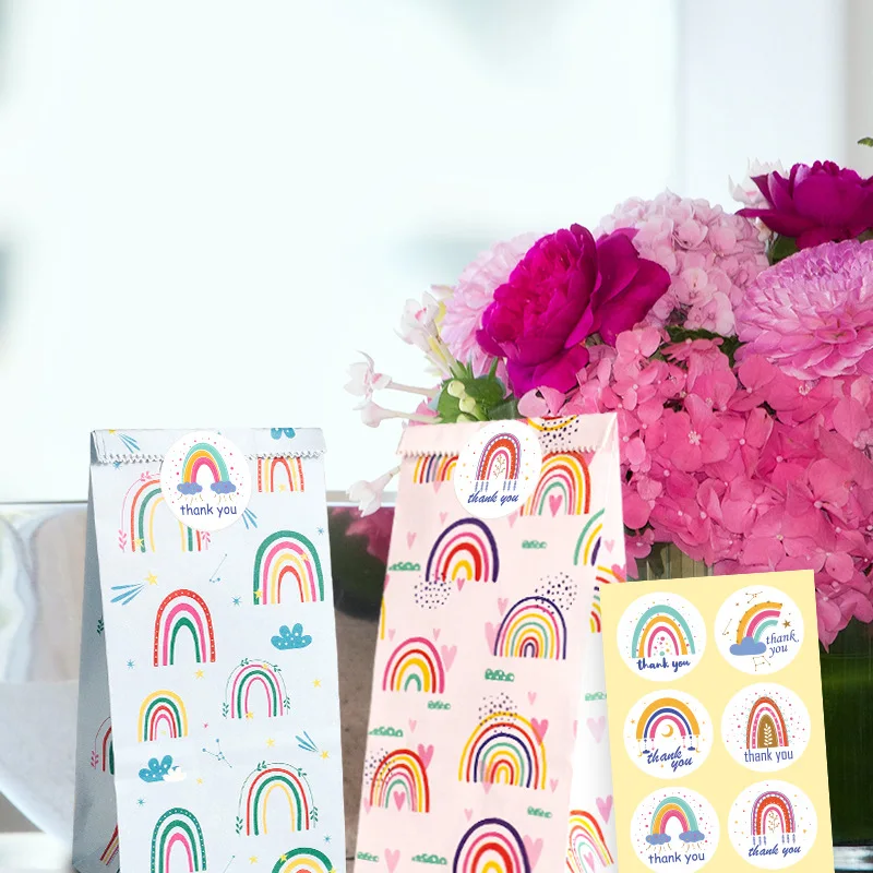 10Pcs Paper Candy Bag Rainbow Pattern Biscuit Cake Bag Birthday Party Decoration Baking Snack Gift Packaging Bag