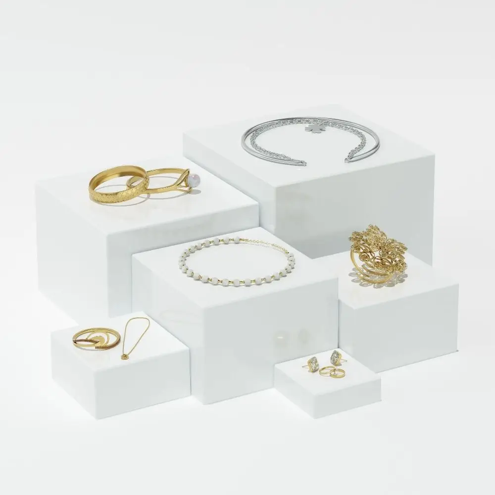 

White /Transparent Acrylic Display Cube Stackable Nesting Feature Desktop Food Riser 6 Different Sizes Square Shape