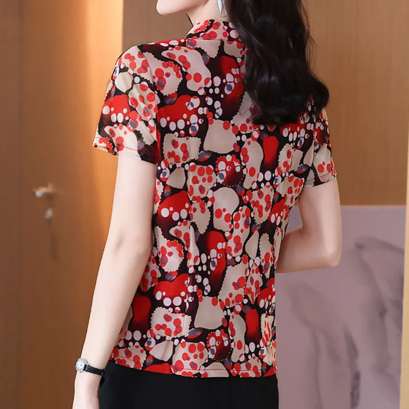 Vintage Office Lady Floral Printed Folds Button Shirt Summer 2023 New Polo-Neck Short Sleeve Loose Cardigan Tops Ladies Clothing