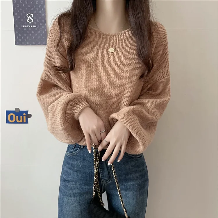 

Knitted Crop Solid Vintage O-neck Long Lantern Sleeves Sweater Women Korean Fashion Autumn Slim Pullover Spring Jumpers R89