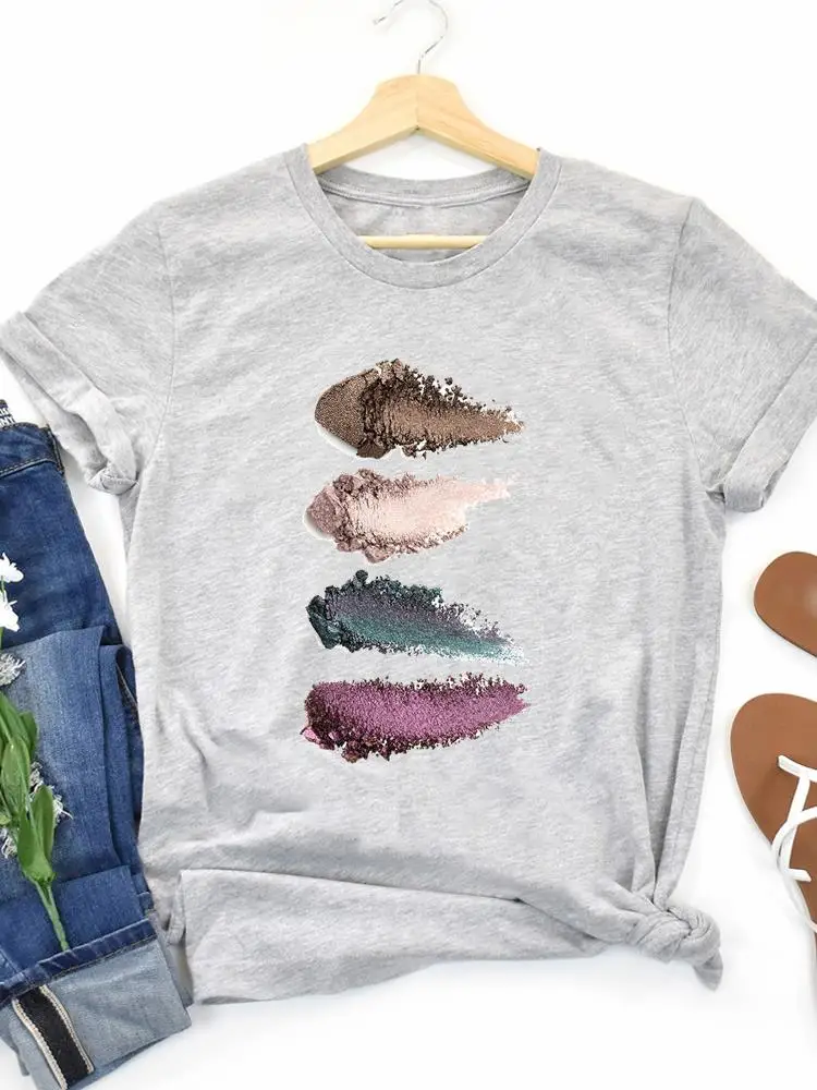 

Fashion Female Striped Make Up Trend Cute Casual Clothing Print Short Sleeve Graphic Tee Women T Clothes Ladies T-shirts