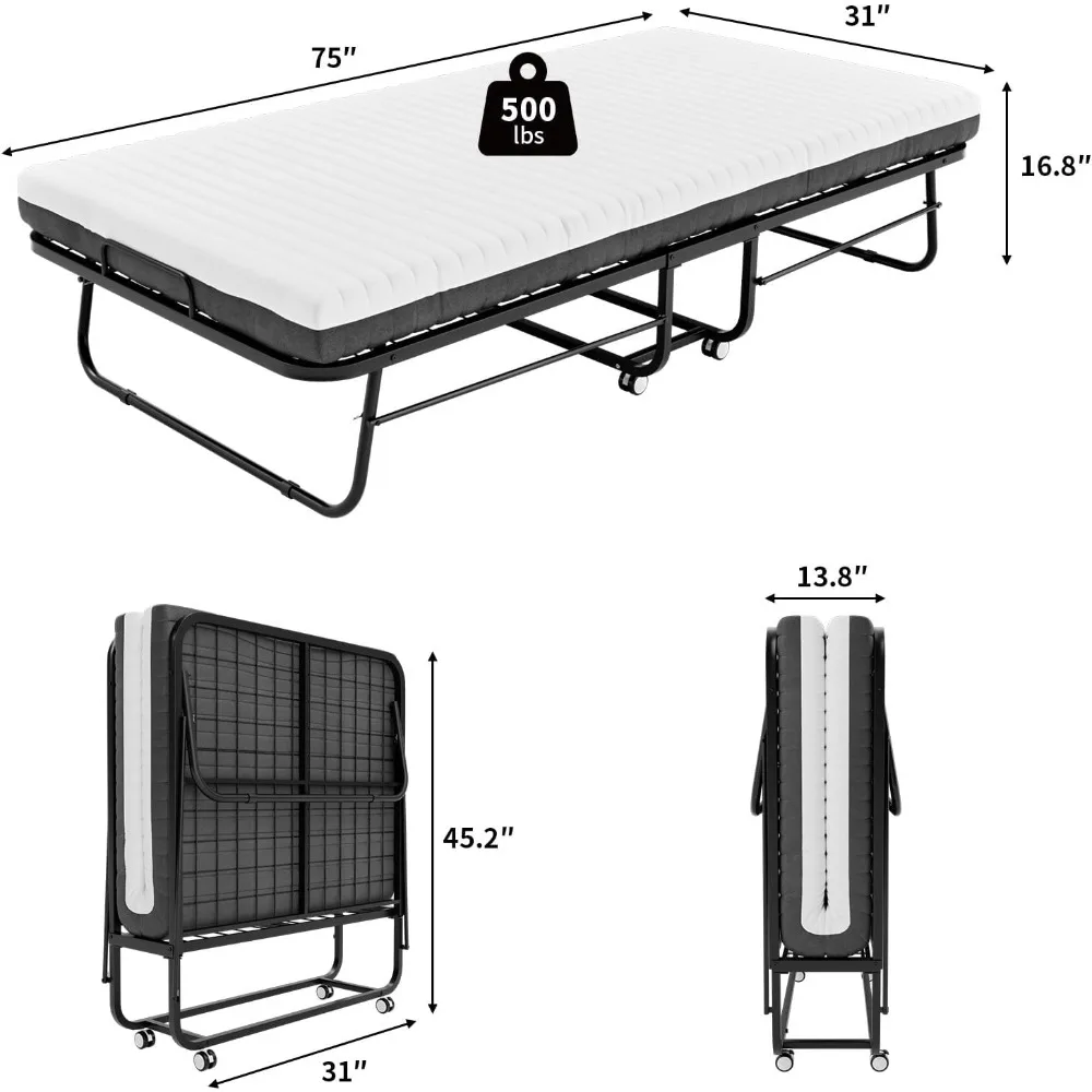 سرير قابل للطي مع مرتبة إسفنجية الذاكرة، سرير ضيوف قابل للطي مقاس 75 × 31 للبالغين، موفر للمساحة، إطار معدني محمول بحجم سرير قابل للطي