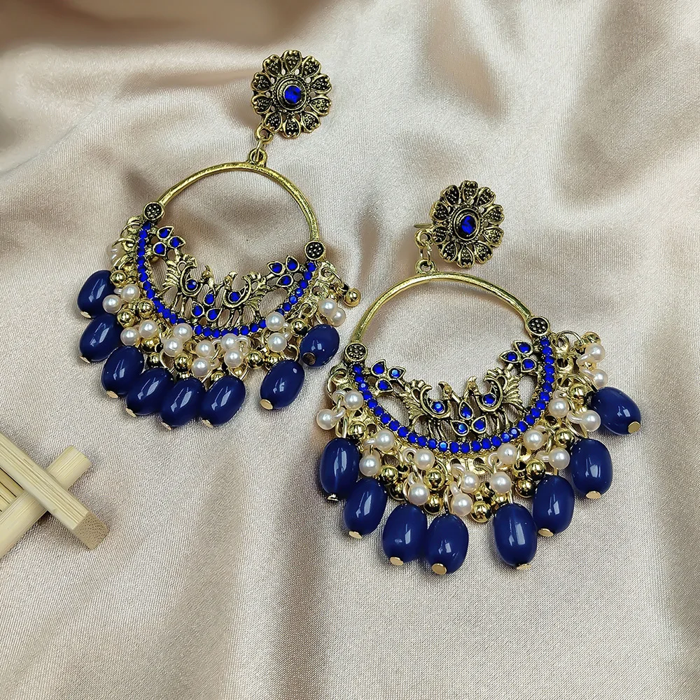 Bohemian Blau Kristall Pfau Ohrringe Vintage Geometrische Runde Blumen Perle Quaste Ohrringe Damen Mode Hochzeit Schmuck