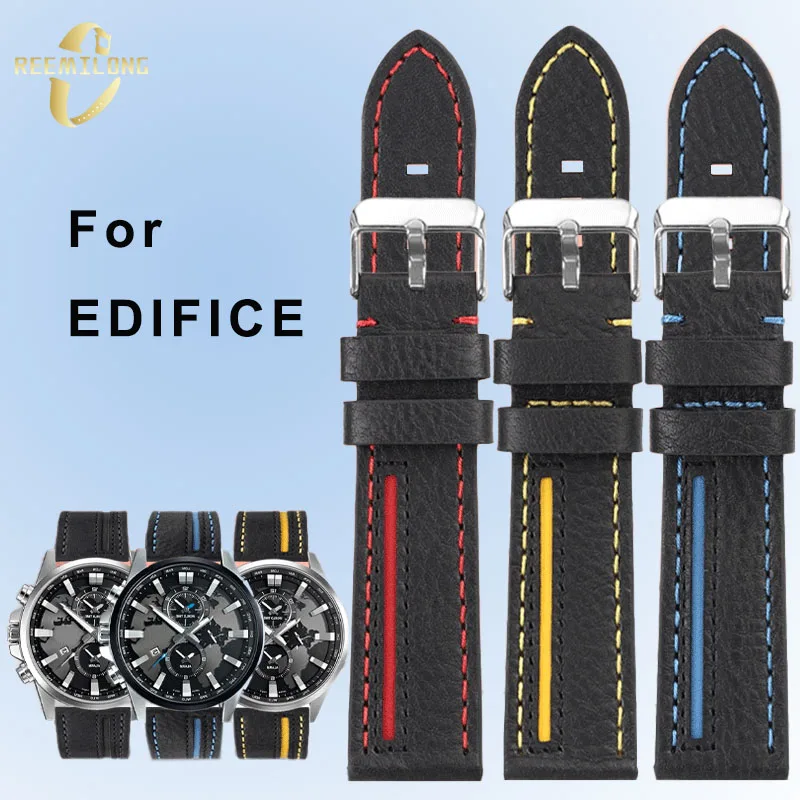 Cowhide lea/ther watch strap 22mm sport outdoor black yellow red blue lines men\'s watchband For CASIO EDIFICE EFR-303L EFR-303D