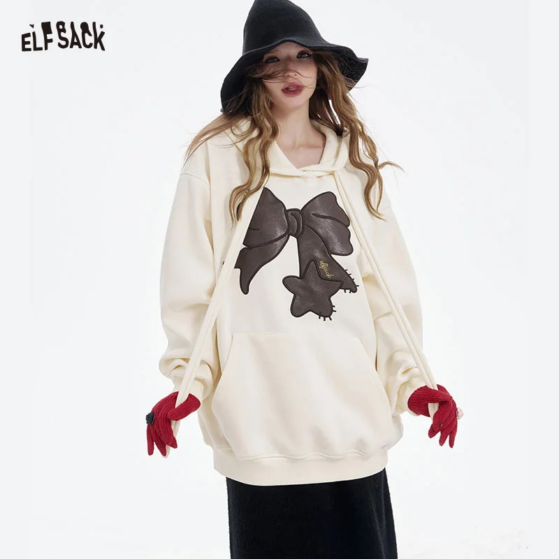 Elfsack 2025 inverno recém chegados y2k casual solto arco gráfico cordão grande bolso moletom com capuz para mulher