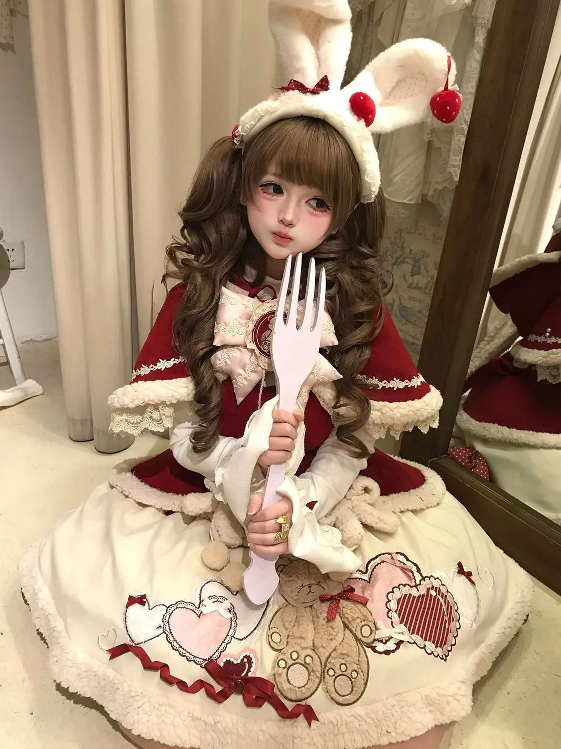 Cute Bunny Ear Hood Cloak Lolita Outfit Heart Blast Design Plush Trim Sleeveless Dress For Christmas Theme Photoshoot - view 5