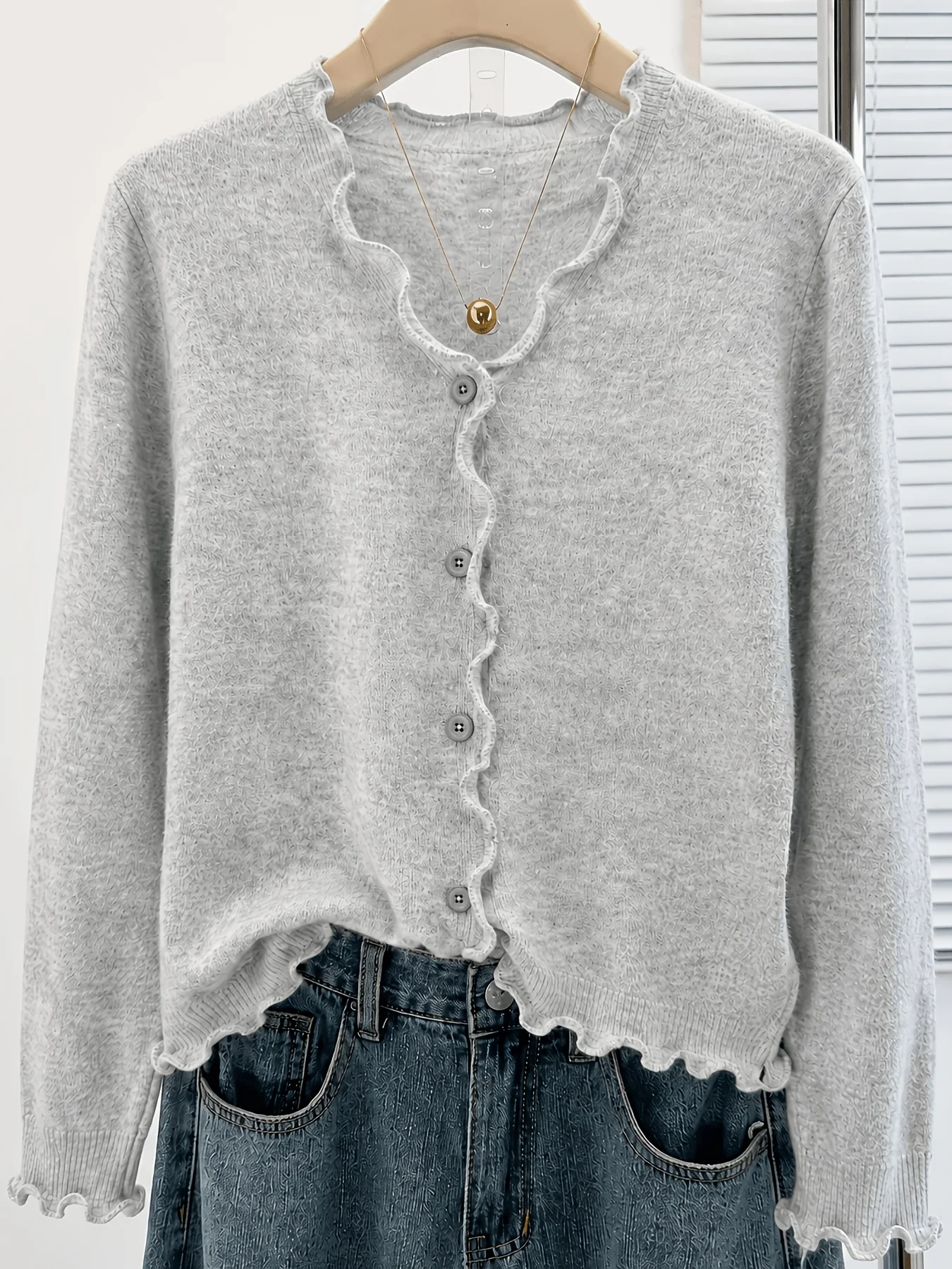 Women Solid Knit Cardigan, Ruffle Trim V Neck Button Thin Sweater, Soft Fuzzy Long Sleeve Outerwear, Autumn Winter Versatile Cas