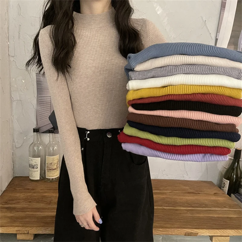 2024 Autumn Winter Mock Neck Women Sweater Basic Solid Knitted Tops Casual Slim Pullover Korean Sweaters Simple Chic Jumpers