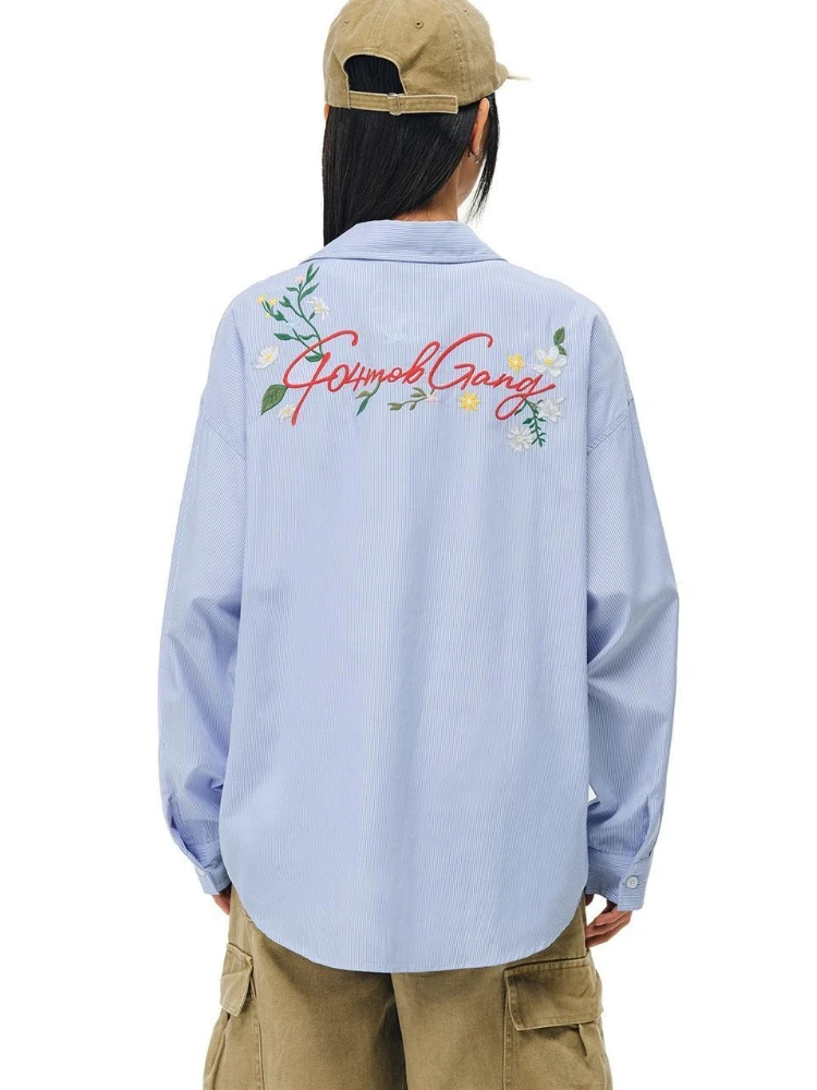 Korean Trendy Brand Embroidery Floral Graphic Shirts Oversized Long Sleeve Turn-down Collar Blouses Light Blue Aesthetic Casual
