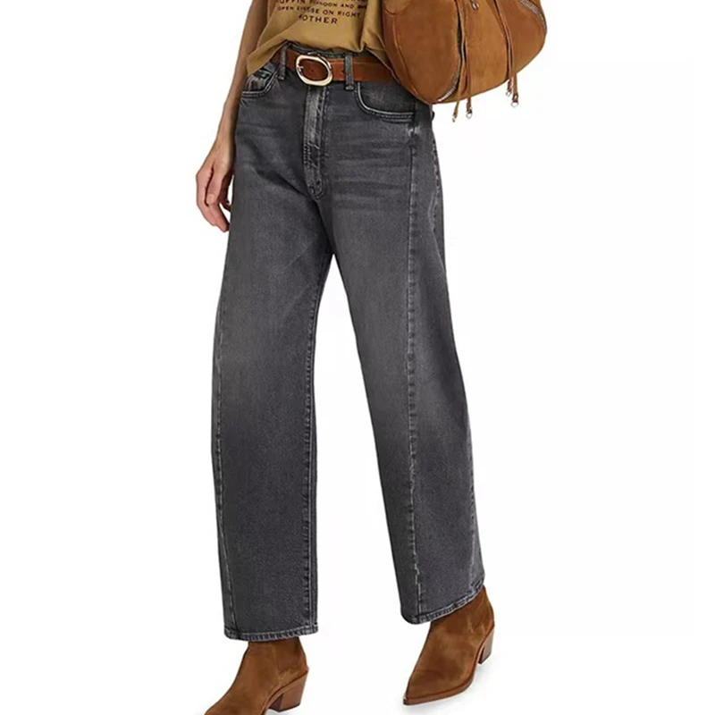 Maxdutti American Retro Western Cowboy High-waisted Loose-fit Jeans Woman Clothes Denim Pants Dark grey Washed Boyfriend Jeans