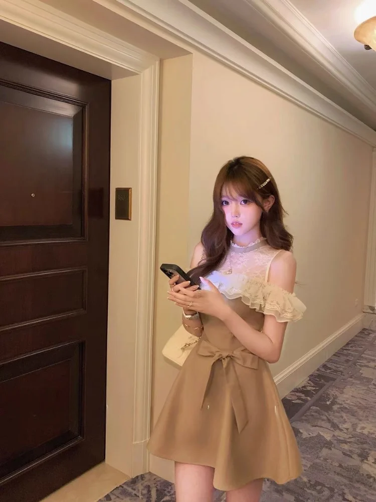 Abito da principessa dolce giapponese Elegante patchwork di pizzo Slim Fit Lace Up Vita A-line Mini abiti da festa Abiti sexy Y2k