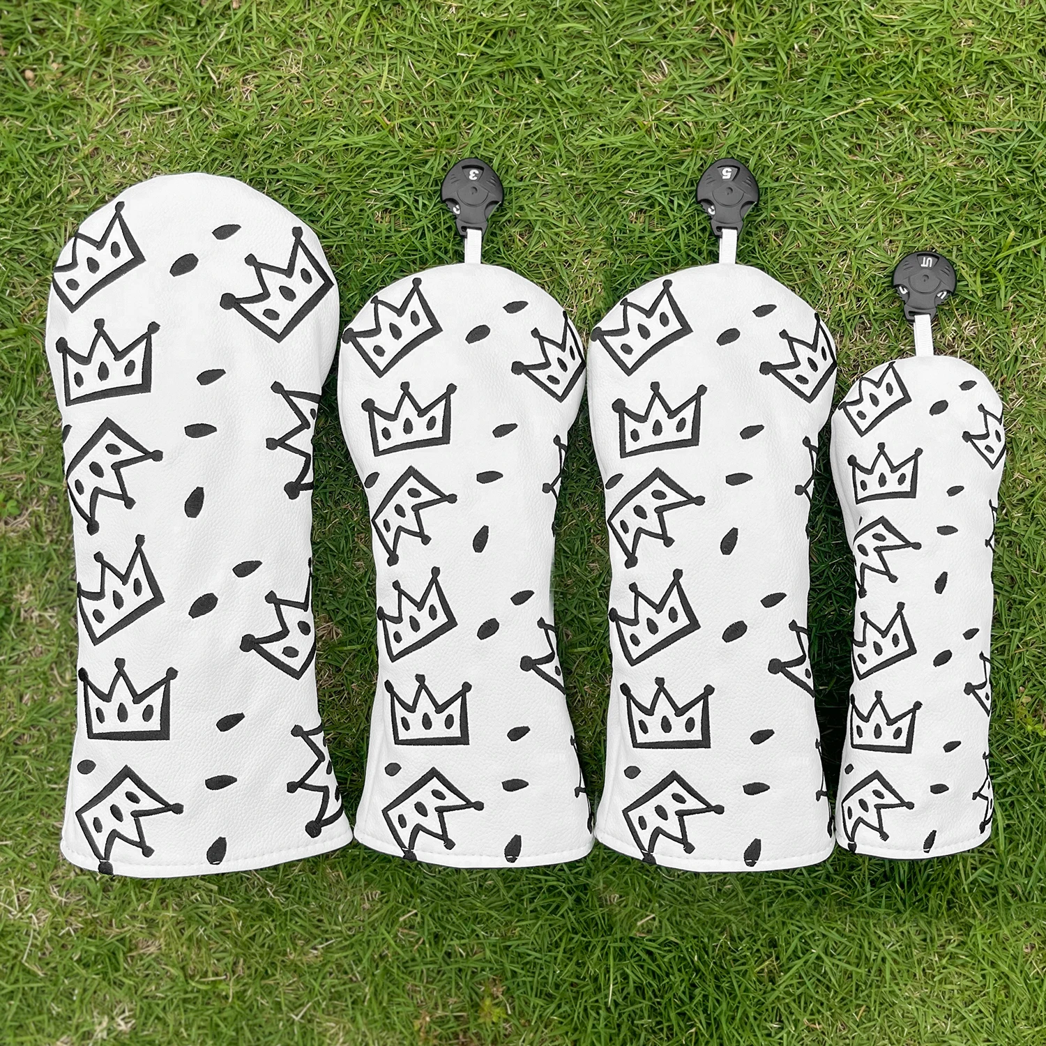 1PC/4PCS White Crown Golf Wood Headcover, PU Club Head Cover for Driver Fairway Hybrid with Number Tag, Ideal Golf Gift