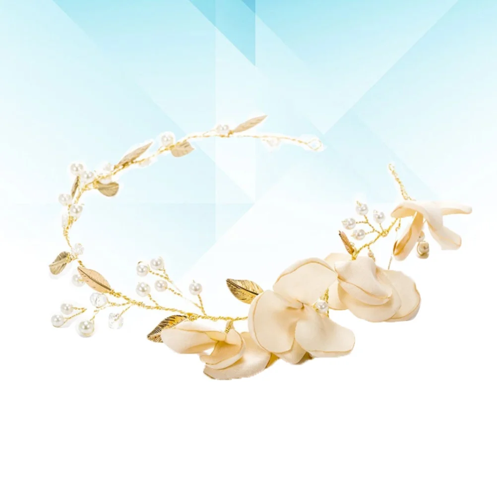 Cloth Flower Pearl Headband Golden Leaves Elegant Bridal Hair Accessory Wedding Party Prom Headdress Wedding Headband