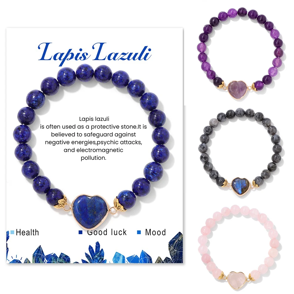 

8mm Natural Stone Beads Love Heart Charm Bracelet with Gift Card for Women Men Lapis lazuli Bracelet Fashion Romantic Jewelry