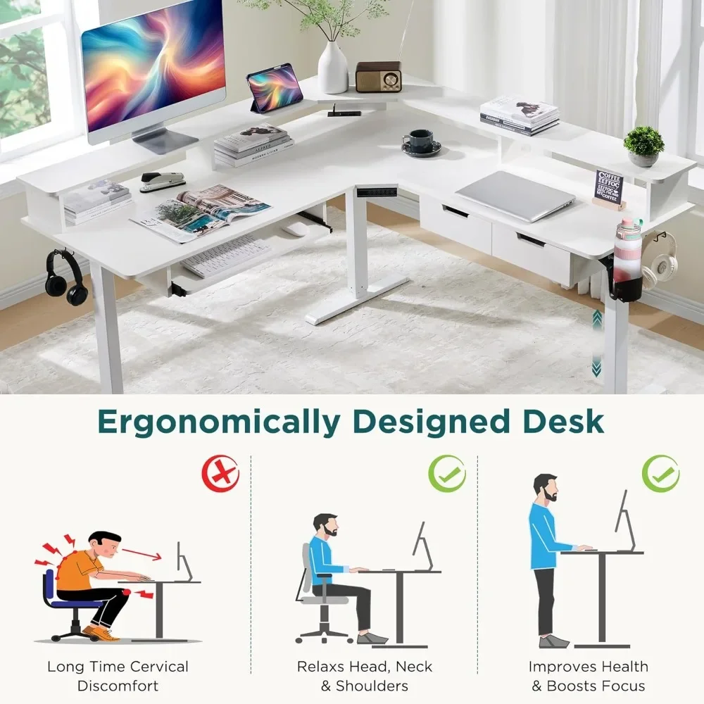 60 Inch L-Shaped Electric Standing Desk with Keyboard Tray And Drawers Height Adjustable Corner Gaming Desk for Home Office