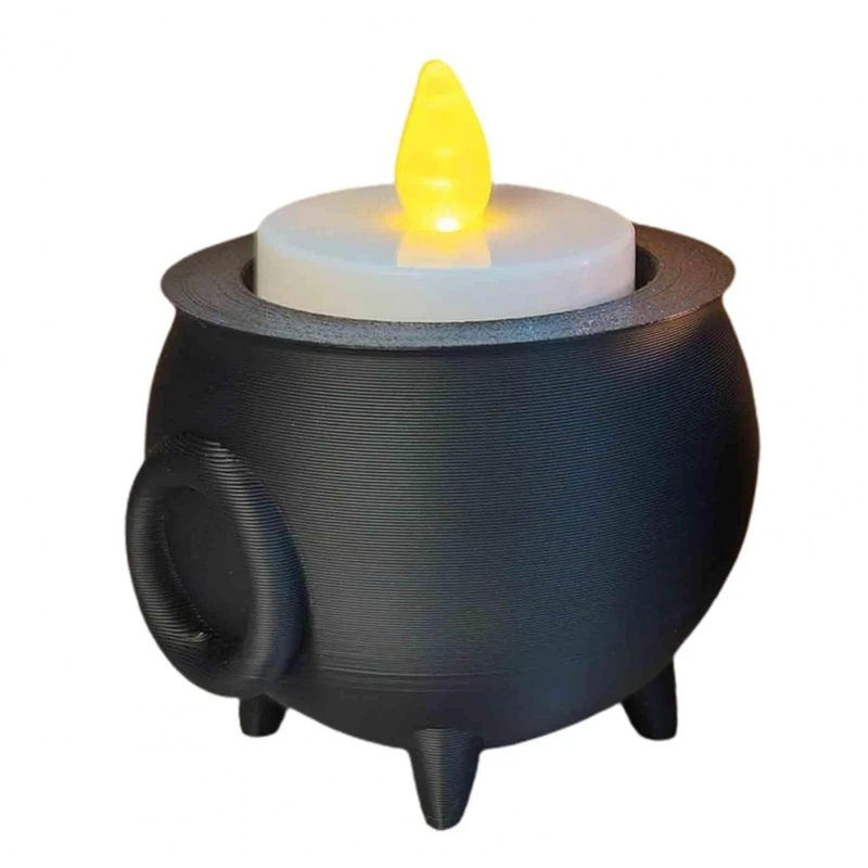 BEAU-Cauldron Tea Light Holder Halloween Spooky 3D Printed Black Witch Jar Candle Holder Festival Partys Desktop Decoration